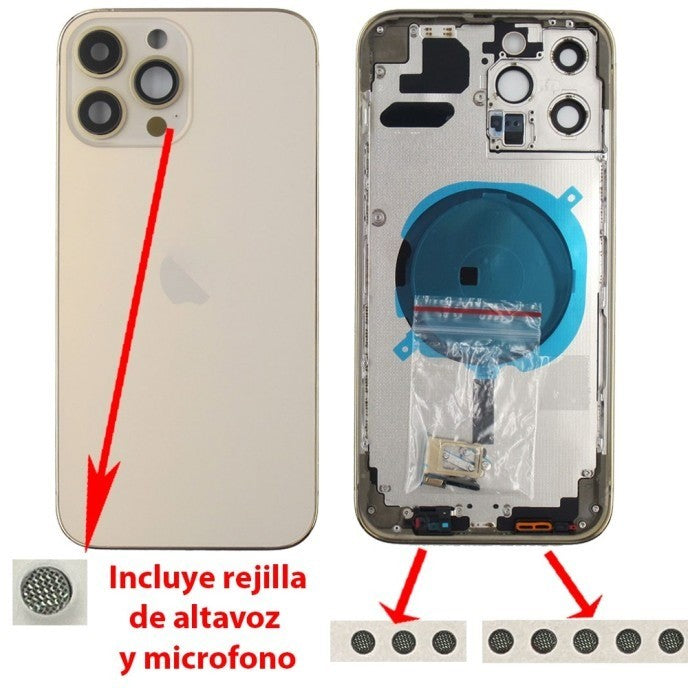 Chasis+tapa trasera iPhone 13 Pro Max Dorado (Con Rejillas)