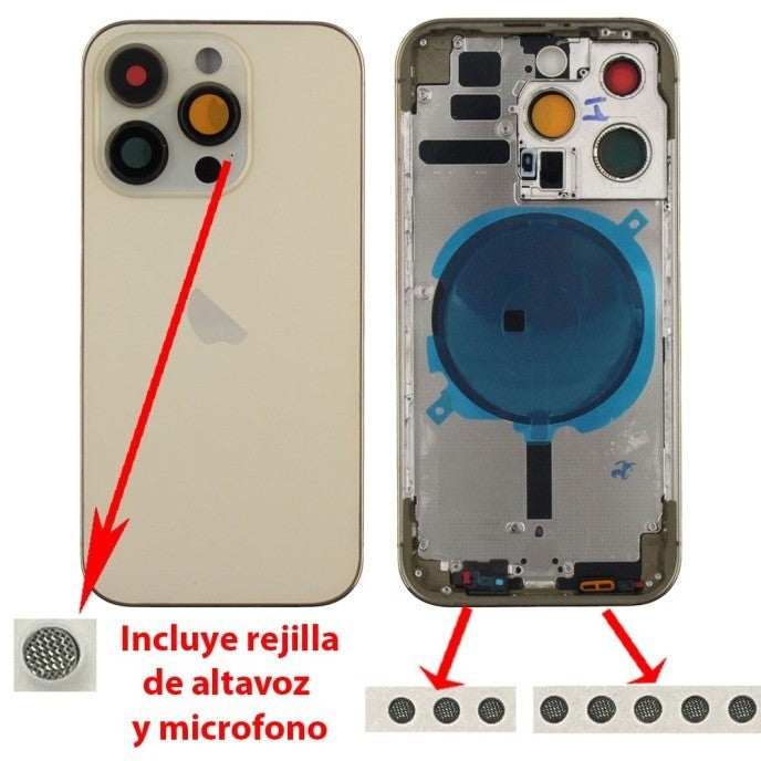 Chasis+tapa trasera iPhone 14 Pro Dorado (Con Rejillas)