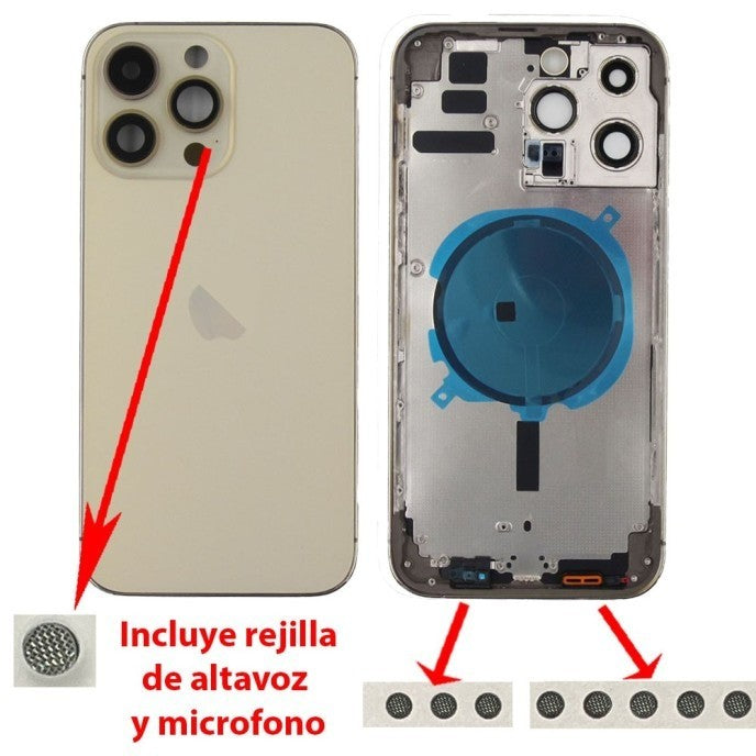 Chasis+tapa trasera iPhone 14 Pro Max Dorado (Con Rejillas)