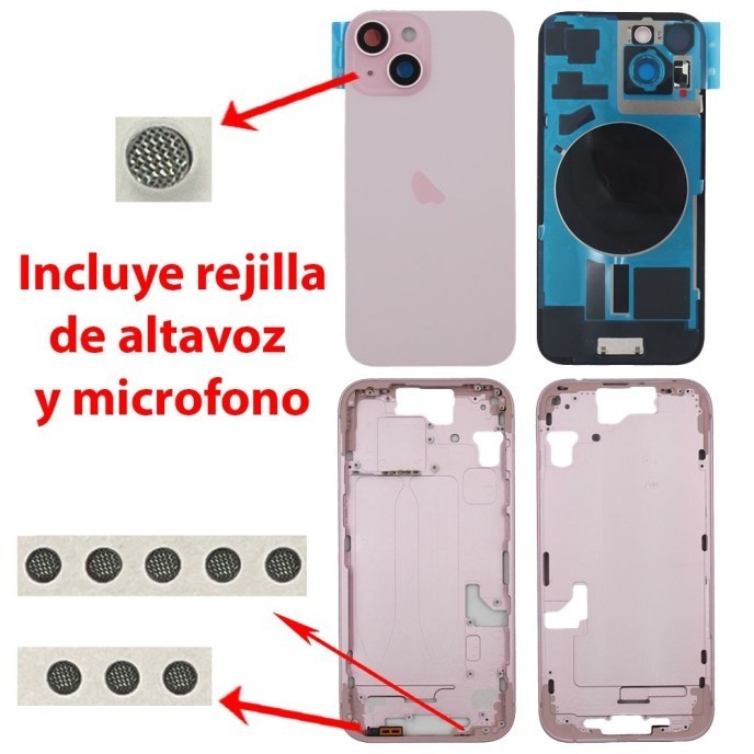 Chasis+tapa trasera iPhone 15 Rosa (Con Rejillas)