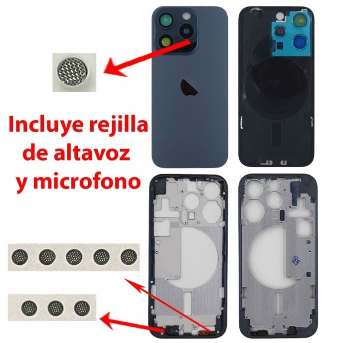 Chasis+tapa trasera iPhone 15 Pro Azul (Con Rejillas)