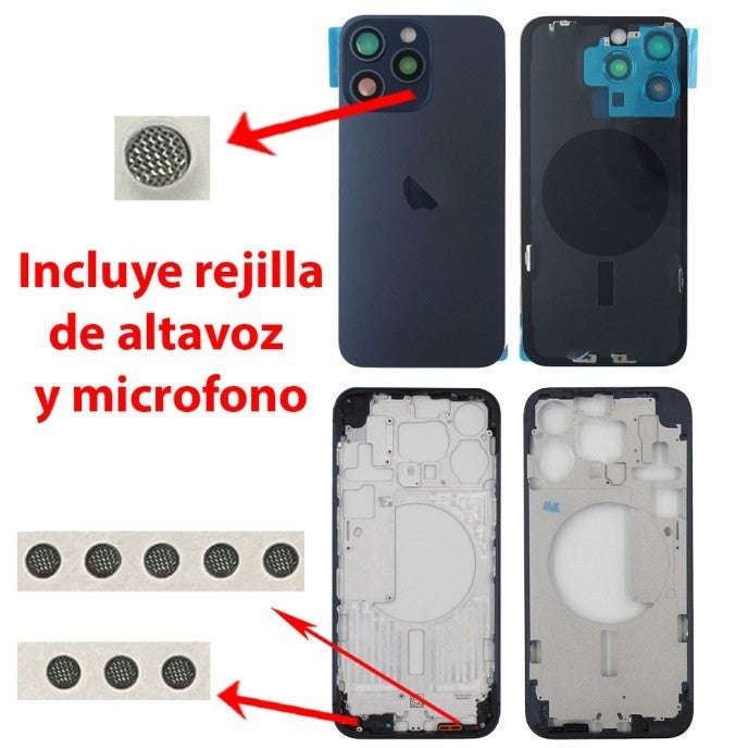 Chasis+tapa trasera iPhone 15 Pro Max Azul (Con Rejillas)
