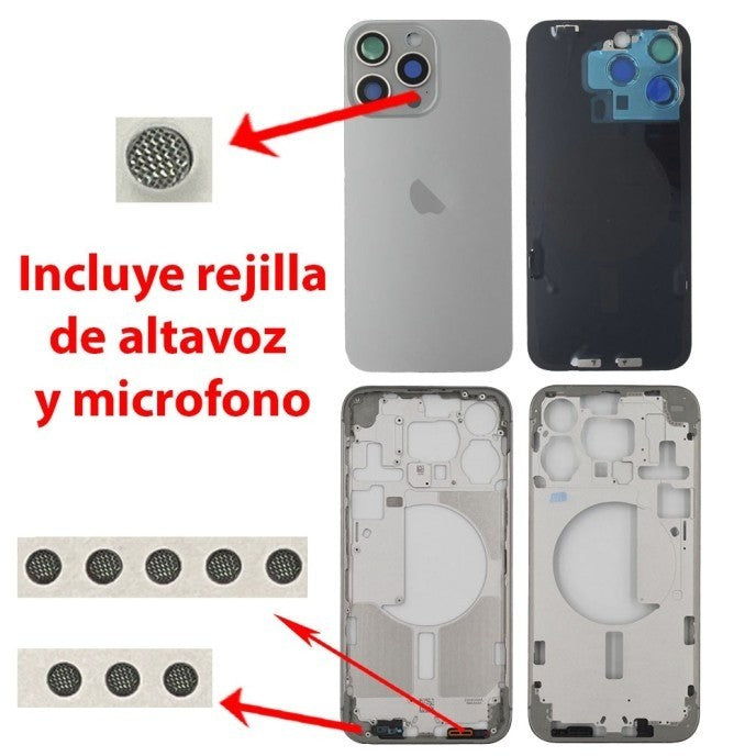 Chasis+tapa trasera iPhone 15 Pro Max Gris (Con Rejillas)