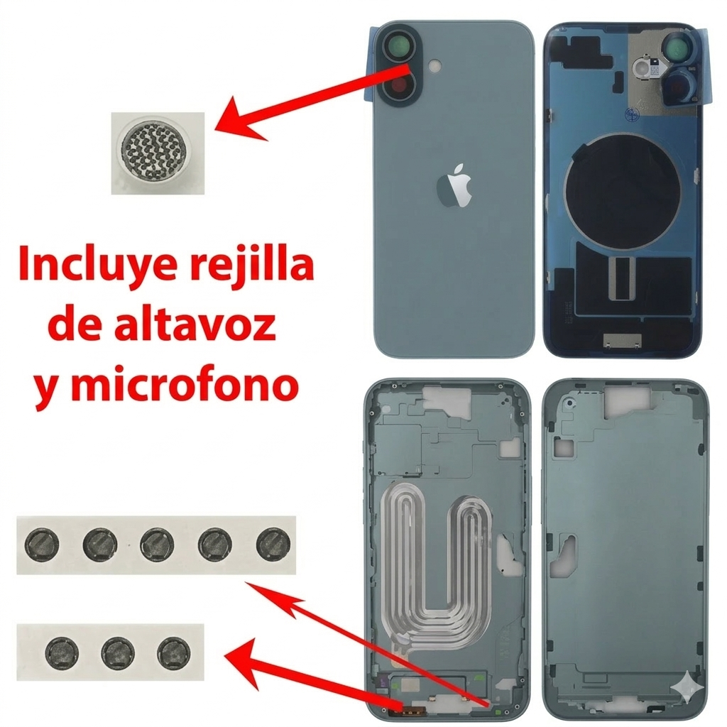 Chasis iPhone 16 PLUS VERDE AZULADO tapa trasera (Unibody, INCLUYE rejillas) Original