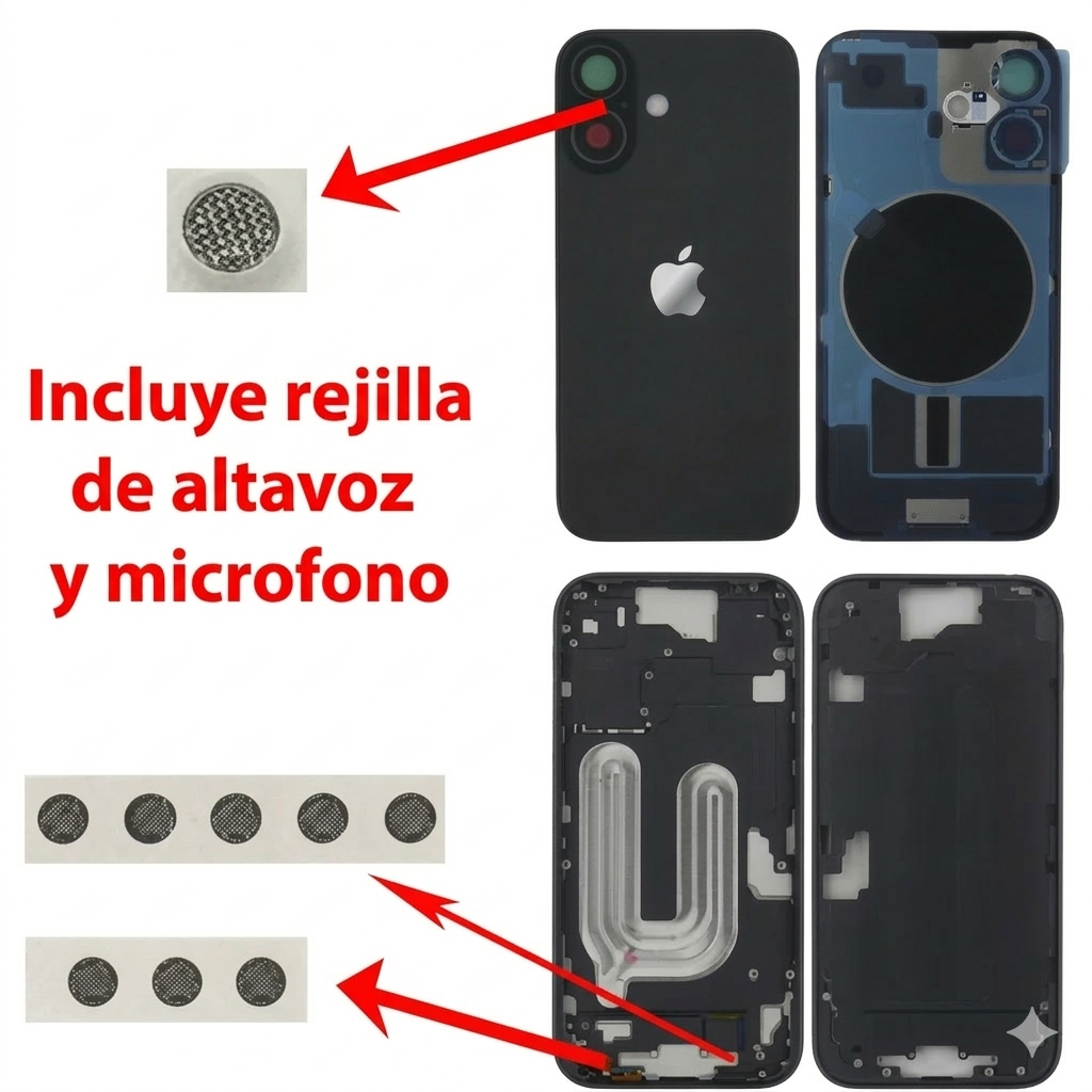 Chasis iPhone 16 NEGRO tapa trasera (Unibody, INCLUYE rejillas) Original