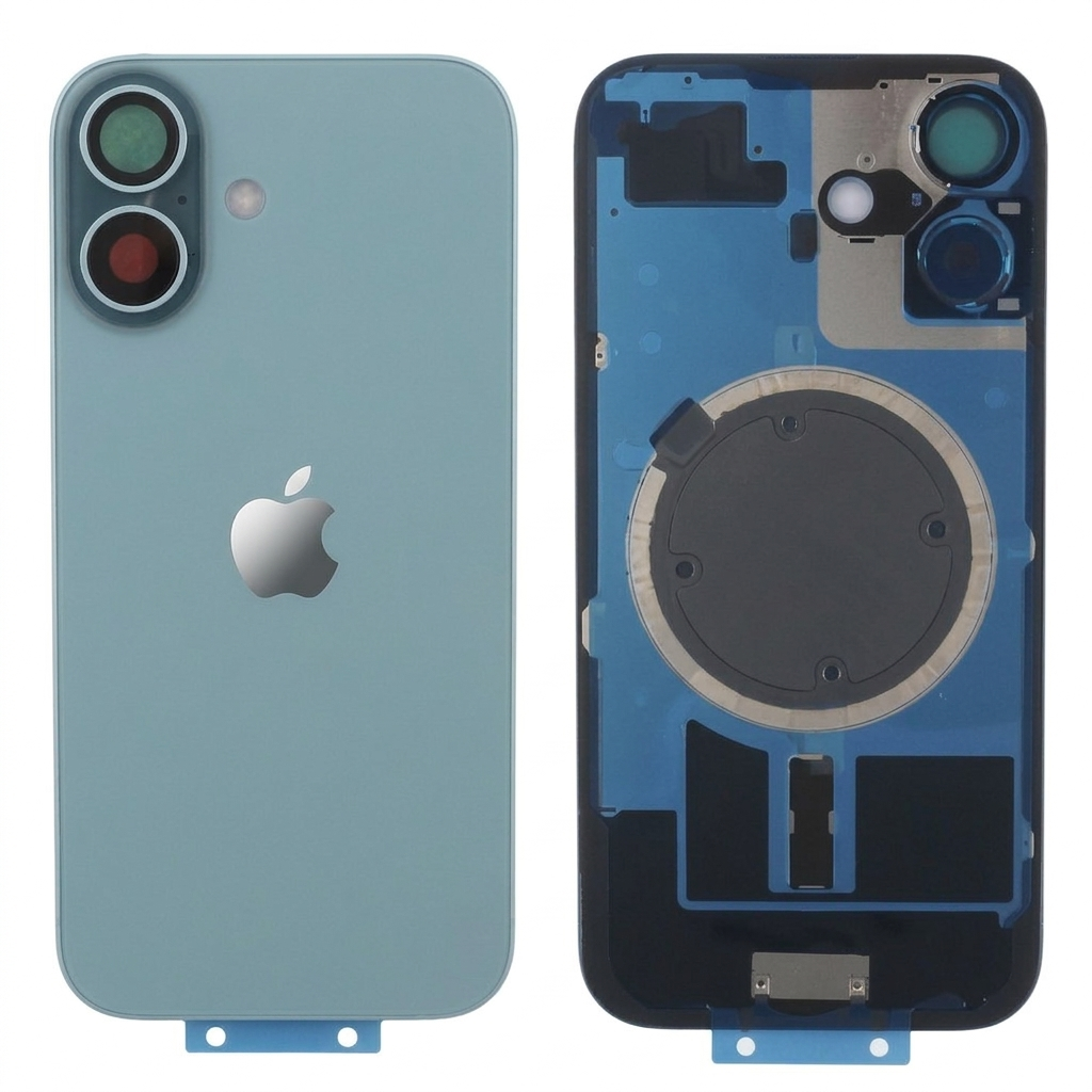 Tapa trasera iPhone 16 VERDE AZULADA (Unibody, Soporte Metal, Imán y Lente) Original