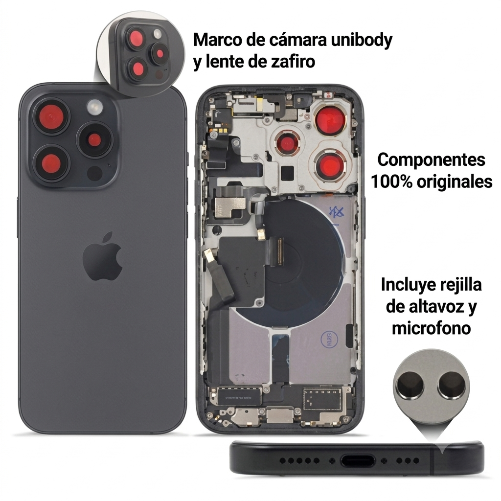 Chasis iPhone 15 PRO NEGRO CON COMPONENTES 100% originales