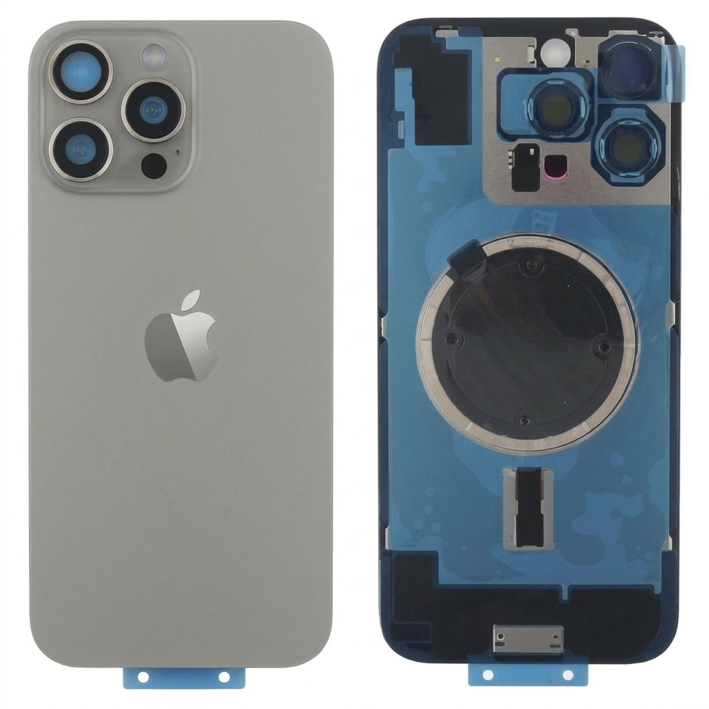 Tapa trasera iPhone 16 PRO MAX TITANIO NATURAL (Unibody, Soporte Metal, Imán y Lente) Original